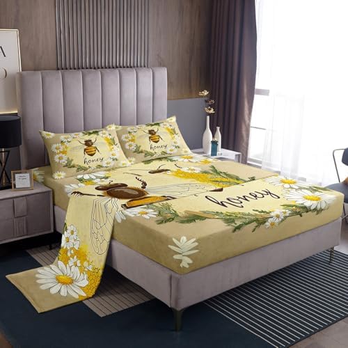 Erosebridal Kawaii Honey Bee Bedding Set King Cute Geometric Honeycomb Bed Sheets Farm Rustic Daisy Sheet Set for Kids Girls Teen Women,Soft Honey Bee Fitted Sheet + Flat Sheet + 2 Pillow Cases - Image 2