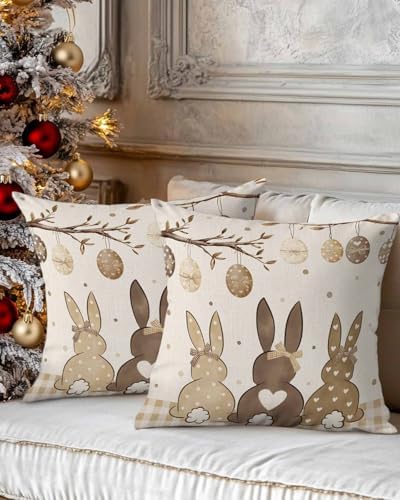 Easter Eggs Spring Bunny Tail Pillow Covers 18x18 inch Set of 2, Khaki Buffalo Plaid Decorations Outdoor Throw Pillow Covers, Cotton Linen Square Pillowcases for Sofa Couch Bedroom Patio Decorative - Image 2