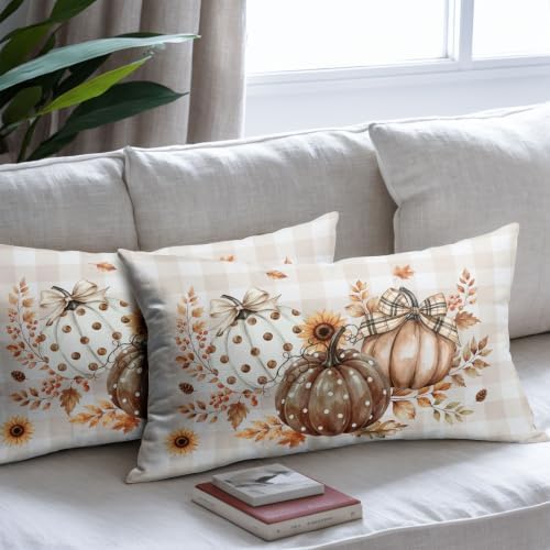 Fall Thanksgiving Pillow Covers 12x20 Set of 2 Autumn Pumpkin Maple Leaves Dot Floral Outdoor Throw Pillows Covers Orange Cream Plaid Bow Decorative Farmhouse Cushion Case for Room Couch Sofa - Image 7
