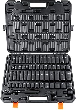VEVOR 1/2" Drive Impact Socket Set 65 Piece, 3/8" to 1-1/4" and 10-24mm by VEVOR