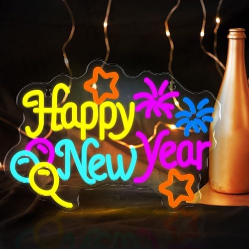 Happy New Year Neon Sign Light USB Powered LED Happy New Year Neon Sign Balloon Fireworks Window Lights for Bedroom Wall Decor 2026 Spring Festival Party Supplies - Image 5