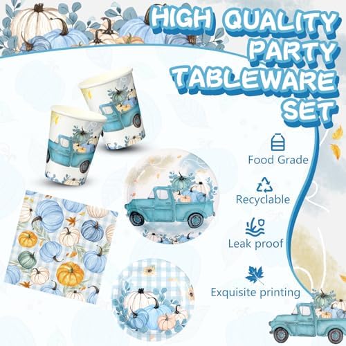 Sliner 180 Pcs Thanksgiving Disposable Dinnerware Set, Blue Car Pumpkin - Image 3