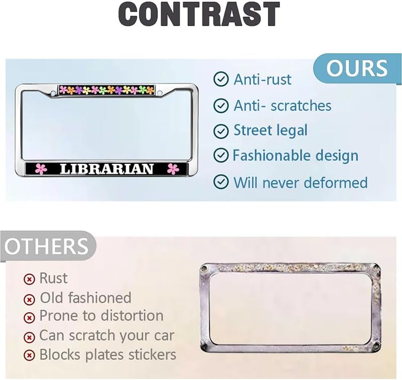 Flower Pattern Librarian Metal Chrome Auto License Plate Frame Funny Librarian Quotes Gift Metal License Plate Frame Librarian Quotes Personalized Car Accessories License Plate Frame