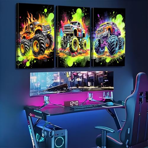 Monster Truck Canvas Wall Art Cool Watercolor Car Poster for Boys Room Modern Graffiti Truck Pictures Wall Decor Pop Vehicles Artwork Nursery Toddler Bathroom Bedroom Home Decoration 24x36" 3P - Image 6