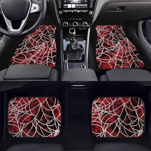 Red Blood White Spider Web Print Funny Halloween Car Floor Mats 4 PCS, Cute Durable Interior Accessories for Car SUV, All Weather Floor Mats with Front Rear Trunk Liners Set for Party