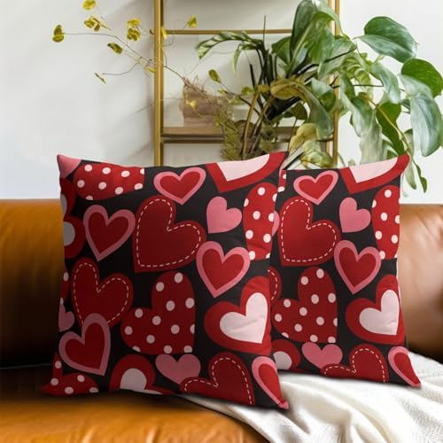 Valentine's Day Throw Pillow Covers 18X18 Inches Set of 2 Red Heart Black Pillowcase Soft Cotton Square Cushion Covers for Anniversary Wedding Home Sofa Bedroom Decoration - Image 7