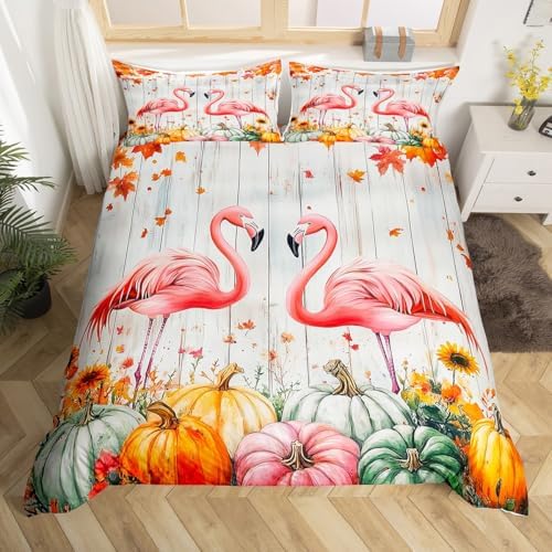 Erosebridal Fall Pumpkin Harvest Duvet Cover Toddler Size, Happy Thanksgiving Comforter Cover for Kids Teens Adult Bedroom,Flamingo Maple Autumn Leaves Bedding Set Rustic Farmhouse Barn Door Bed Set - Image 4