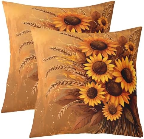 Manfei Sunflower Pack of 2 Pillow Covers,Rustic Farmhouse Flowers Wheat Soft Square 18"x18" Cushion Case,Autumn Harvest Retro Yellow Brown Throw Pillow Covers,Double Sides by Manfei
