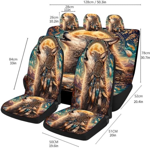 Moonlit Wolf Pattern Car Seat Covers, Trendy Universal Car Seat Protector Full Set, Automotive Seat Covers for Front Seats Rear Seat Back Seat Gift (Boho Dreamcatcher Wolf, Full Set)