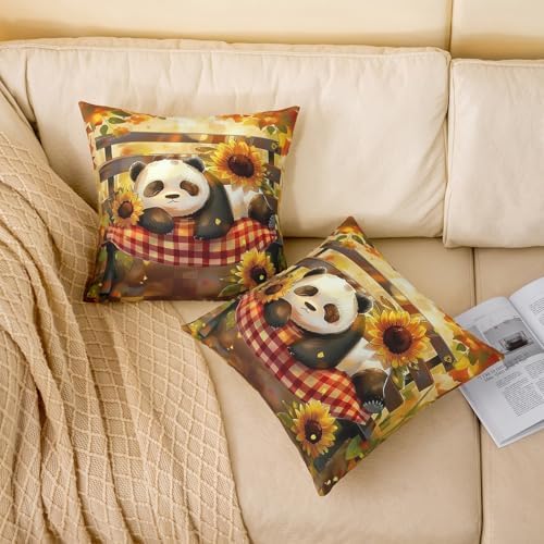 Manfei Cartoon Panda Throw 16"x16" Pillow Covers 2 Pack,Rustic Sunflower Farmhouse Sunshine Double Sides Print Cushion Covers,Natural Lovely Wild Animal Square Couch Pillow Covers - Image 2