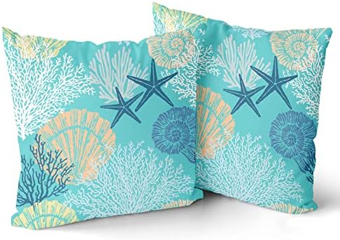 Sweetshow Ocean Coral Pillow Covers 18x18 Inch Nautical Coastal Throw Pillows Set of 2 Beach Seashell Starfish Pillow Case Soft Cotton Square Cushion Covers for Home Couch Sofa Patio Bedroom, Green - Image 2