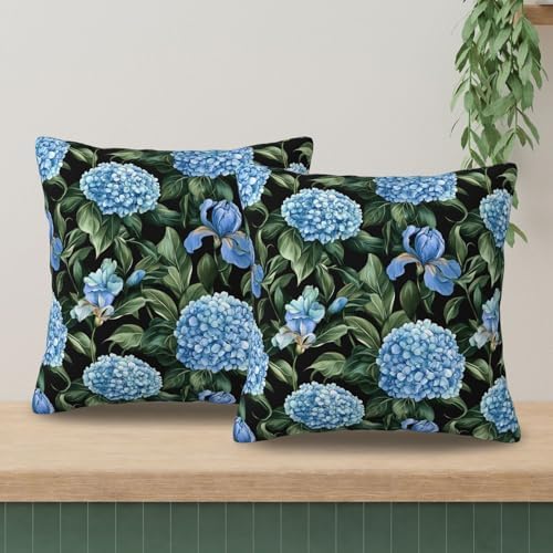KiuLoam Black and Blue Hydrangea Pillow Covers 16x16 Set of 2, Summer Hydrangea Flower with Green Leaves Print Decorative Throw Pillow Cases, Farmhouse Style Outdoor Cushion Covers for Sofa Couch - Image 3