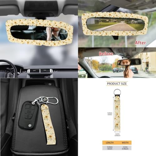 15Pcs Car Seat Cover Full Set Car Steering Wheel Cover Seat Belt Cover Trash Bin Air Vent Storage Box Front Rear View Mirror Car Cup Holder Keychain, Vintage Sunflower Floral