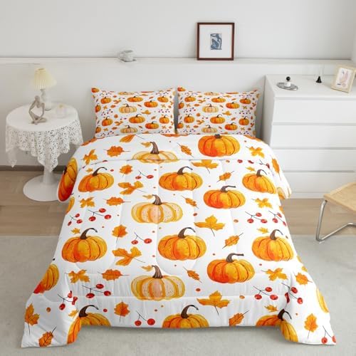 Erosebridal Fall Pumpkin Comforter Set Thanksgiving Pumpkin Decorations Bedding King Size Autumn Fall Maple Leaf Comforter Harvest Season Fruit Decor for Kids Rustic Farmhouse Bed Set 2 Pillowcases - Image 2
