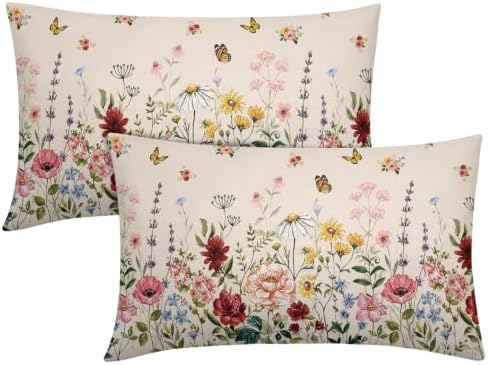 Spring Floral Pillow Covers 12x20 Set of 2 Green Garden Plant Butterfly Throw Pillows Covers Springtime Watercolor Decorative Farmhouse Cushion Case for Room Couch Sofa by Unknown