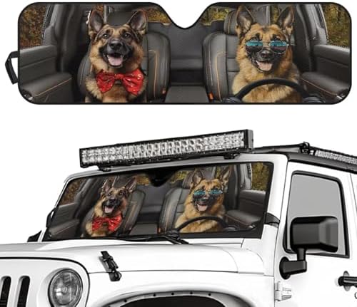 Renewold Funny German Shepherd, Windshield Sun Shade, Car Front Window Sunshade for Jeep Wrangler JK JL Gladiator JT 2020-2023, Foldable Auto Sun Visor Blocks Heat UV Glare, Car Accessories Interior