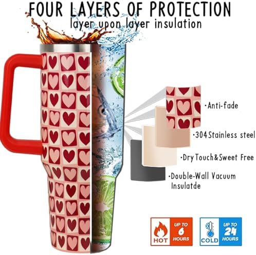 Valentines Tumbler 40oz Love Heart Tumbler Coffee Mugs Buffalo Check Heart Leak Proof Cups with Handle and Straw Stainless Steel Insulated Water Bottle for Valentine Decor Gifts for Women Her(1PCS) - Image 5