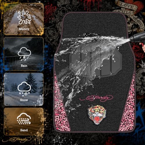ED HARDY Tiger Print Car Floor Mats, Carpet Floor Mats with Pink Leoprad Design, Automotive Car Mats with Built-in Heel Pad & Anti-Slip Backing, Fits Most Cars, SUVs & Trucks, Durable & Odorless
