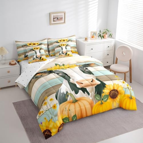 Erosebridal Milk Cow Full Comforter Set - 7 Pieces Yellow Sunflower Thanksgiving Pumpkin Bedding Sets Full Bed in a Bag with Reversible Cowboys Farm Animals Comforter,Sheets,Pillowcases & Shams - Image 2