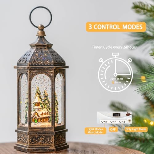 Christmas Snow Globe Lantern Lighted Holiday Village Church with Music& Timer, USB Lined/Battery Operated Lighted Lantern for Christmas Festival Decoration Gifts - Image 4