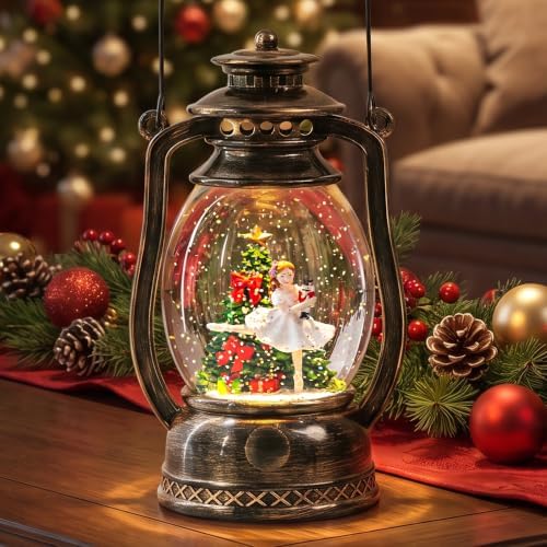 Christmas Snow Globe Lantern with LED Lighted Water Glitter, Hanging Kerosene Style Ballerina Tree Scene, Vintage Bronze Tabletop Holiday Decoration Gifts by Qualdout