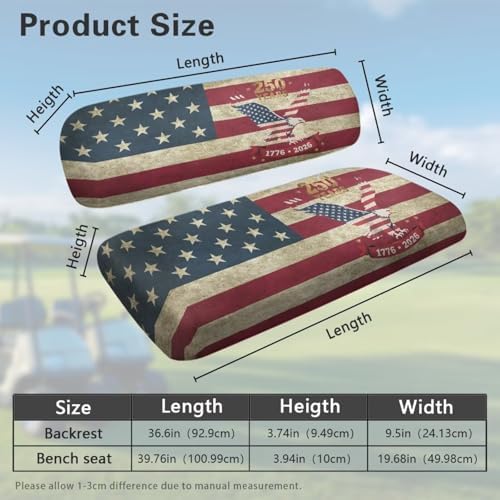 Yewatlles American Flag 250th Golf Cart Seat Covers Kit, Fit for Club Car Precedent Ordinary Front Seat Cushion, Golf Cart Polyester Seat Cover