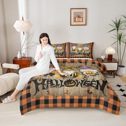 Kids Halloween Gnome Comforter Set Queen Size,Vintage Yellow Black Grid Quilted Duvet Gothic Bat Pumpkin Lantern Bedding Set for Girls Boys Room Decor Rustic Farmhouse Brown Wood Duvet Insert 3Pcs - Image 6