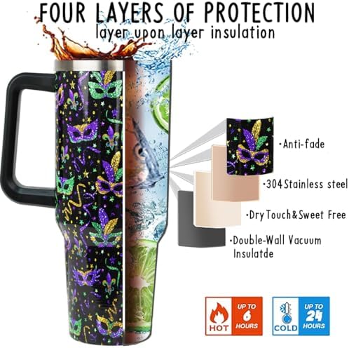 Mardi Gras Tumbler 40 oz Carnival Masks Tumbler Coffee Mugs Leak Proof Cups with Handle and Straw Stainless Steel Insulated Water Bottle for Mardi Gras Decor Gifts(1PCS) - Image 4