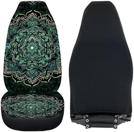 Car Seat Covers for Front Seat Breathable Green Mandala Floral Car Seats Cover Easy to Install Interior Protection Accessories Universal Fit Most Cars,SUV, Trucks