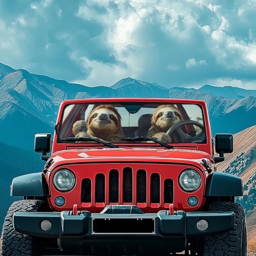 Renewold Funny Sloth Driving Windshield Sunshade for Jeep Wrangler JK JKU JL Foldable UV Ray Heat Reflector Summer Car Front Window Sun Visor Shield Cover Fit for Jeep Gladiator JT Vehicles Sun Shade