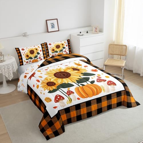 Erosebridal Sunflower Pumpkins Kids Comforter Set | Autumn Fall Pumpkin Decor Bedding King,Yellow Sunflowers Decorations Down Comforter Happy Thanksgiving Duvet Set for Bedroom - Image 5