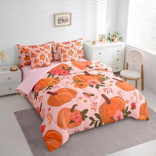 Erosebridal Autumn Pumpkin Queen Comforter Set 7 Piece for Kids Girls Women,Thanksgiving Harvest Fall Bedding Set Cute Floral Botanical Bed in A Bag Rustic Pastoral Sheet Set with Comforter - Image 3