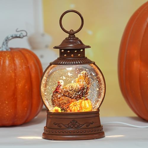 Fall Decor Snow Globe Turkey Pumpkins Lighted Lantern Thanksgiving Decor by PestiLite