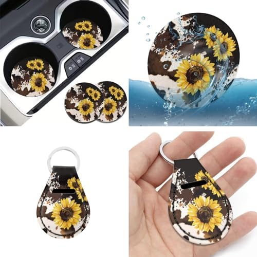 Brown Cow Sunflower Car Seat Covers 12Pcs Cow Car Accessories Interior Sets with Universal Fit Auto Steering Wheel Covers Seatbelt Pads Keychain Cup Holder Coaster for Women,Men,Fit Most Cars