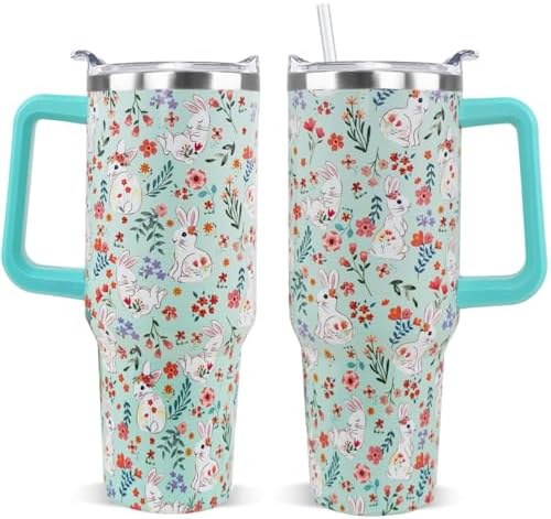 Easter Tumbler 40oz Bunny Floral Coffee Mugs Cute Spring Peeps Leak Proof Cups with Handle and Straw Stainless Steel Vacuum Insulated Water Bottle Easter Gifts for Rabbit Lover (1PCS) by Unknown