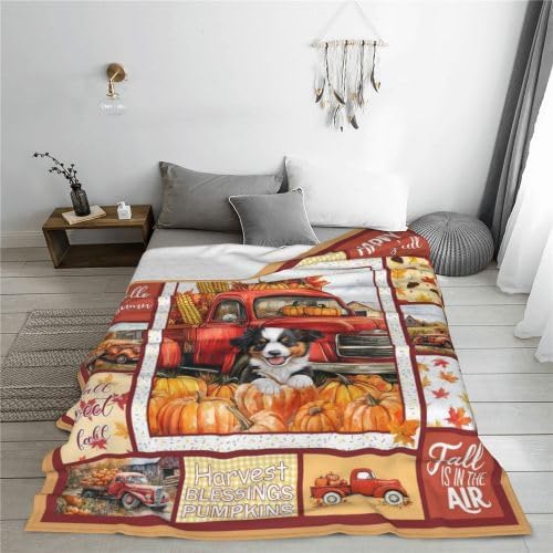 Autumn Harvest Blanket PumpkinsThrow Blanket Red Truck Puppy Bedding Fall Gifts Cozy Fleece Flannel Lightweight Stuff Plush for Men Women Boys Adults for Couch Sofa Bed Home Decor 50"X60" - Image 3