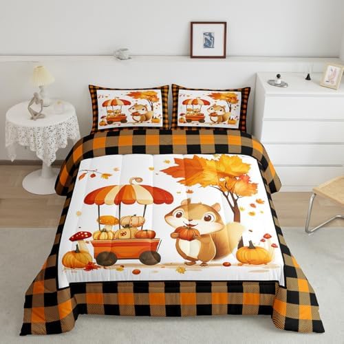 Erosebridal Squirrel Kids Comforter Set | Fall Bedding Queen Size Thanksgiving Autumn Leaves Down Comforter Farmhouse Nature Scenery Duvet Set for Bedroom - Image 2