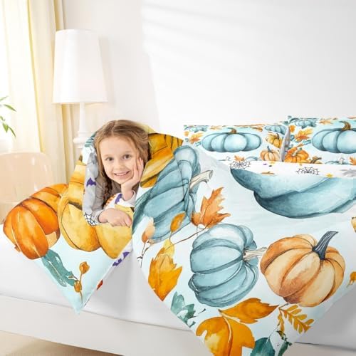 Erosebridal Kids Fall Pumpkin Bedding Twin for Teenagers Girls Boys, Blue Pumpkin Decor Comforter Set Autumn Leaves Bedding Comforter Sets 2 Pieces, Rustic Farmhouse Quilt with 1 Pillowcase - Image 7