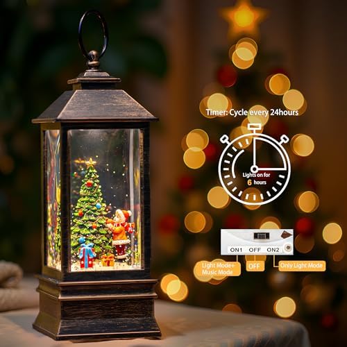 Christmas Snow Globe Lantern Water Glittering Christmas Tree Gifts with Music & Timer, USB Lined/Battery Operated Lighted Lantern for Christmas Festival Decorations - Image 3