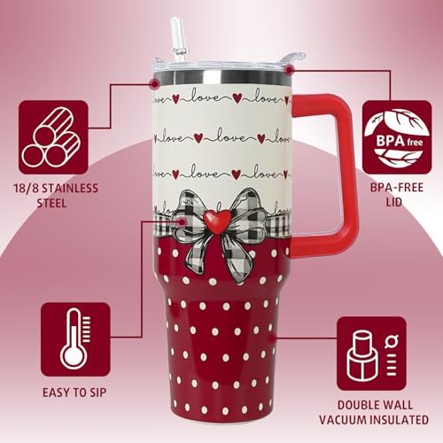 Valentines Tumbler with Handle 40 oz Red Bow Gifts Love Hearts Coffee Travel Mug Stainless Steel Insulated Cup Valentines Anniversary Wedding Birthday Gifts for Women - Image 5