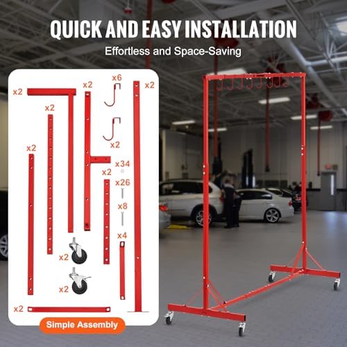 VEVOR Painting Rack, 5 ft-7 ft Adjustable Height, 66 lbs Capacity Automotive Paint Stand, 8 Hooks Drying Rack With 4 Swiveling Wheels, Auto Body Stand for Repair Shops & Garage - Image 6