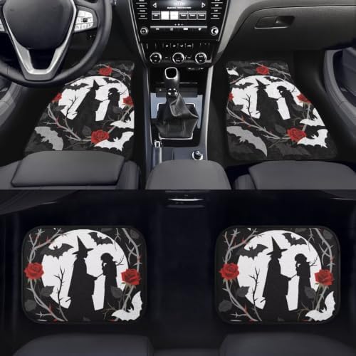 Gothic Skull Car Carpet Floor Mat Red Floral Rubber Heel Pad 4PC for Cars Trucks SUV Protection - Driver Seat, Passenger Seat and Rear Floor Mats