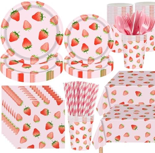 Funnymoom 452 Pcs Strawberry Party Supplies for 50 Guests, Strawberry Paper Plates Napkins Cups Tablecloth Cutlery Straws for Berry First Birthday Baby Shower Party Decorations by Funnymoom