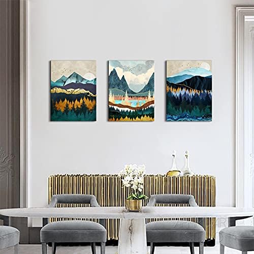 Boho Forest Wall Art Teal Green Abstract Mountain Pictures for Living Room Gold Bird Nature Wall Decor Minimalist Artwork Canvas Prints Geometric Nordic Painting Bedroom Home Decoration 16x24" 3Pcs - Image 5