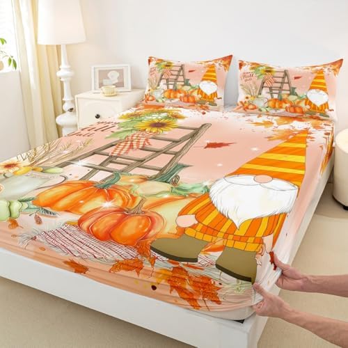 Fall Gnomes Bed Sheets Twin Fall Thanksgiving Pumpkin Bedding Set For Girls Teen Women Rustic Farm Autumn Harvest Sheet Set Sunflower Maple Leaf Fitted Sheet Red Orange Flat Sheet + 1 Pillow Case - Image 6