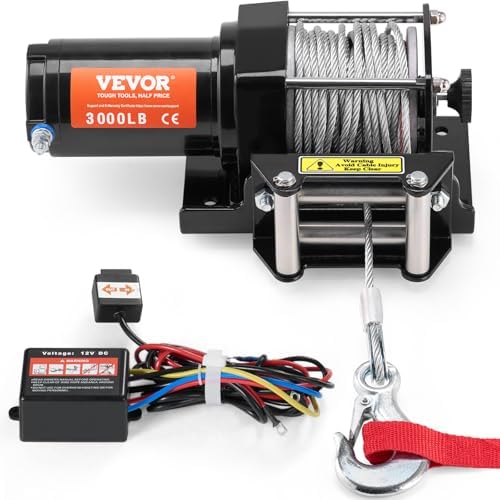 VEVOR ATV Winch, 3000 lb Electric Winch, 12V Small ATV UTV Winch with 3/16 in x 39 ft Steel Cable Roller Fairlead Wired Remote Control, IP55 Waterproof for Towing UTV ATV Car Vehicle Off-Road by VEVOR