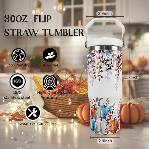 30oz Fall Tumbler with Handle and Flip Straw, Fall Gifts for Women, Reusable Stainless Steel Pumpkin Tumbler, Insulated Leak Proof Travel Coffee Mug - Image 6