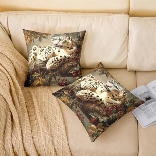 Leopard Pillow Case Covers 2 Pack,Jungle Wild Animal Snow Cheetah 16"x16" Soft Cushion Covers Reversible Print,Rustic Fall Maple Leaves Branch Red Berry Throw Sofa Pillow Covers - Image 2