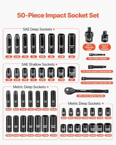 VEVOR 3/8" Drive Impact Socket Set, 50-Piece, Deep & Shallow Kit - Image 3