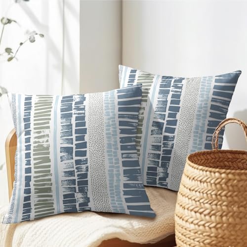 Blue Green Pillow Covers 22x22 Set of 2 Boho Striped Dots Print Pattern Decorative Outdoor Zipper Pillowcases Rustic Decoration Farmhouse Linen Throw Cushion Cover Decor for Home Couch Sofa Bed - Image 2